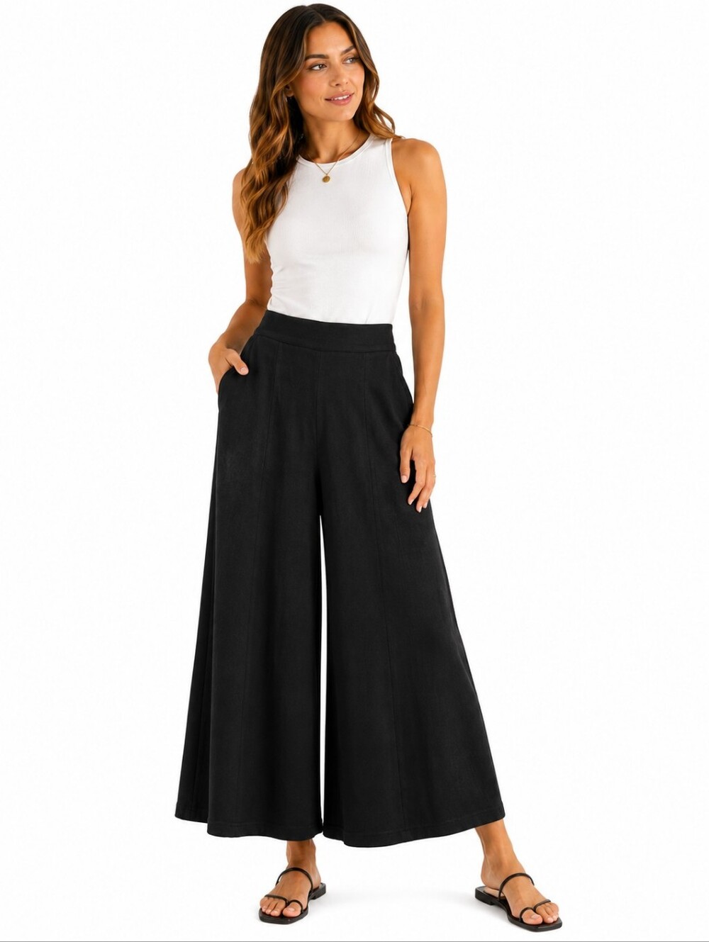 Lulu’s Black Wide Leg Cropped Pants Size Small Textured Pull-On Gaucho Pants